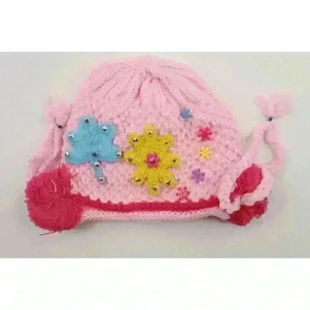 HAND knitted girl hat with knitted applique with beads for 3-6 year old. NEW.